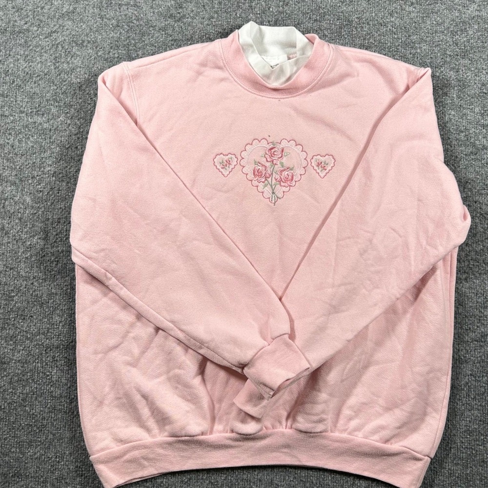 Bonworth Sweatshirt Womens Size M Pink Floral Heart Embroidery Double Collar 90s
